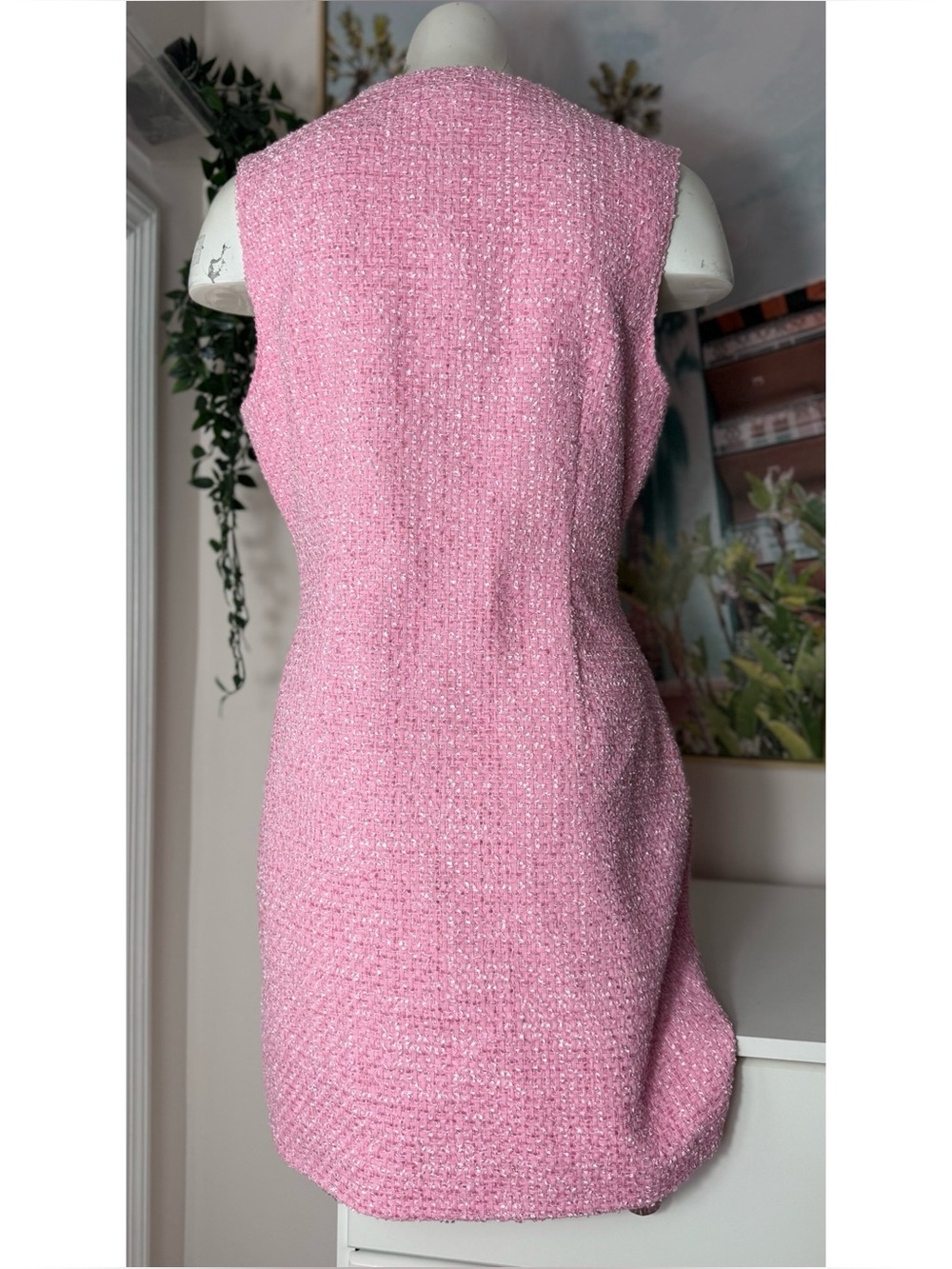 Endless Rose Pink Tweed Mini Dress Sleeveless Button Front Pockets Size Large - Picture 11 of 12